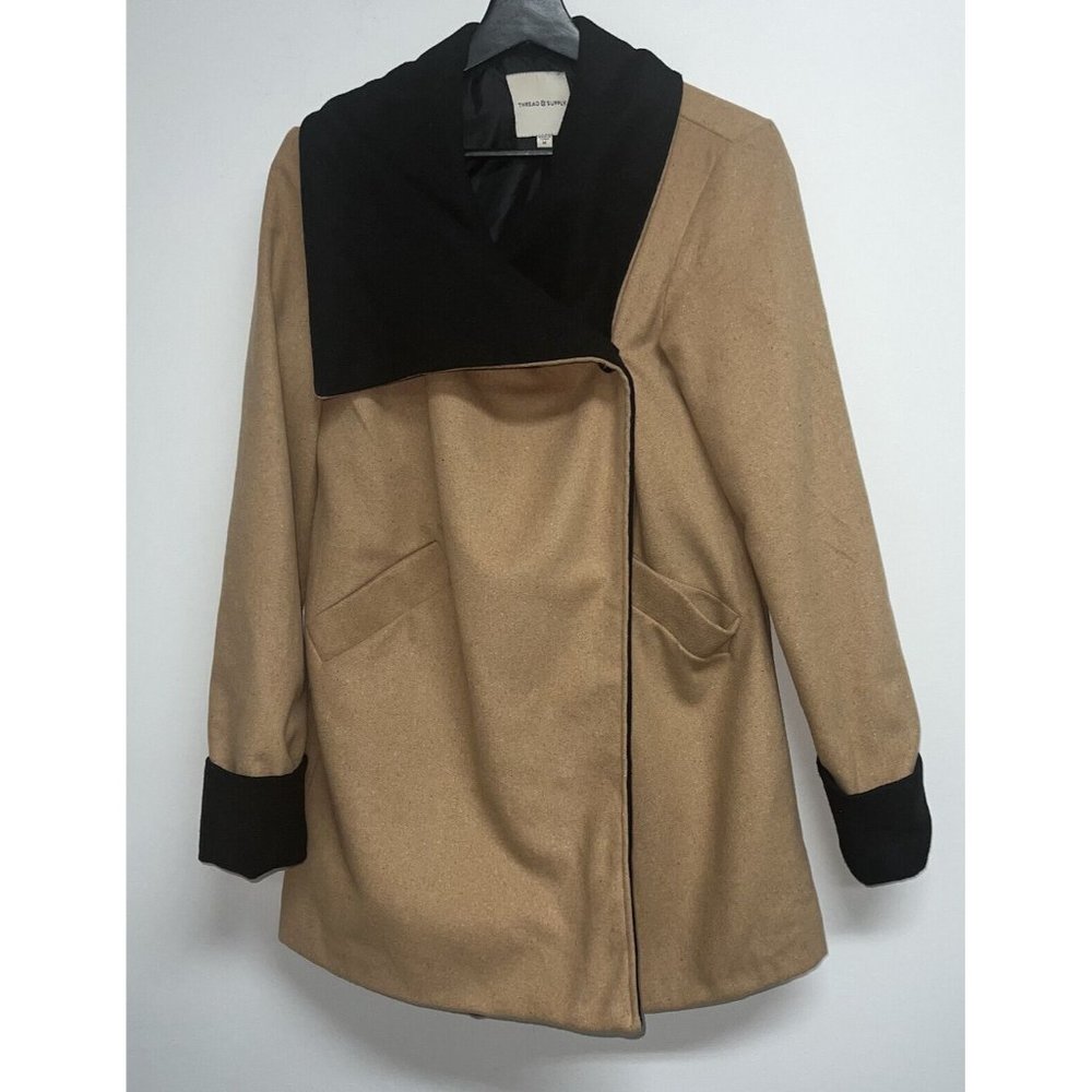 Thread & Supply Womens Coat Size M Cognac Tan Black Double Breasted Button